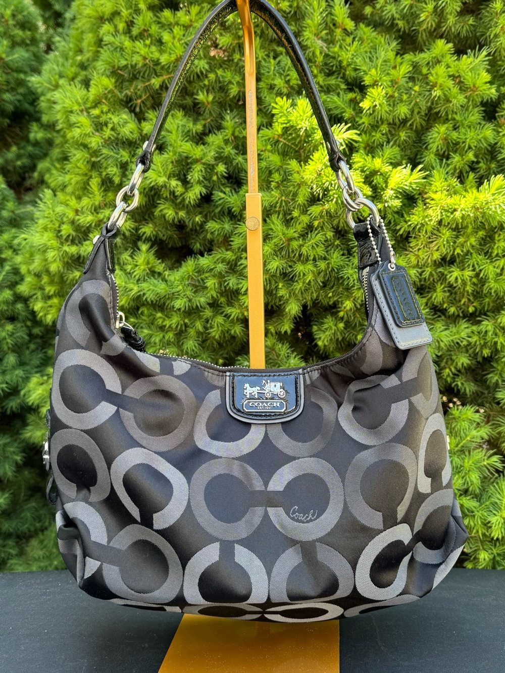 Coach Black and Gray Signature Madison Op Art Shoulder Hobo Bag NWOT